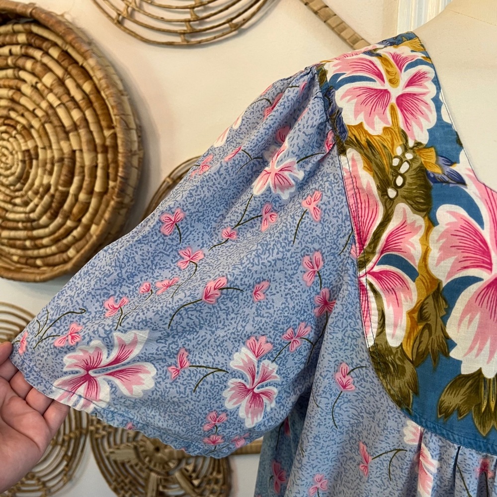 Vintage Hawaiian Floral Muumuu Maxi Dress Blue Pink Hibiscus House Dress XL - Picture 6 of 10